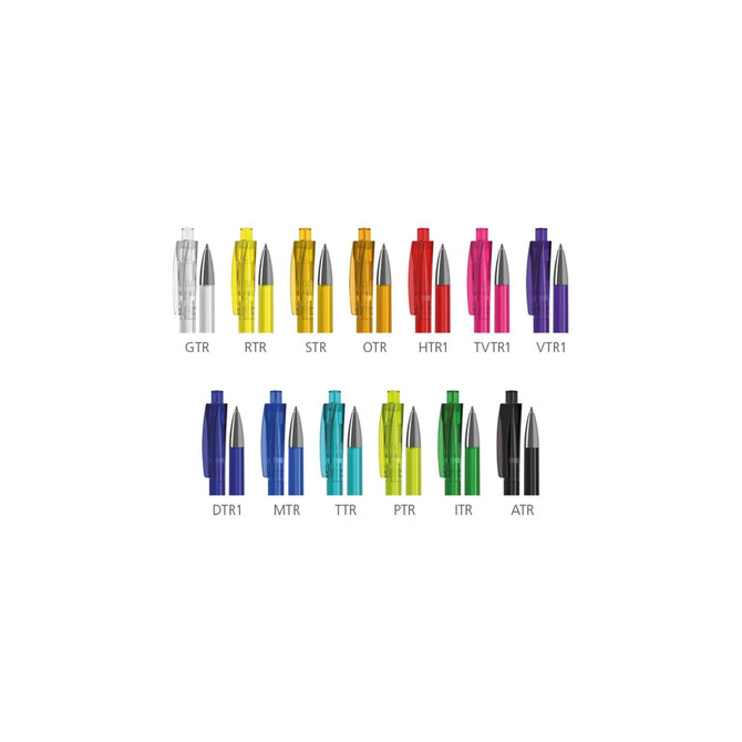 A collection of various plastic pens in multiple colours, featuring transparent and solid designs, with logos present.