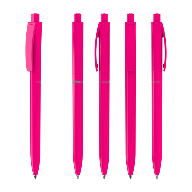 Five bright pink plastic pens arranged in a row, featuring a clip and a sleek design. Each pen has a branding logo.