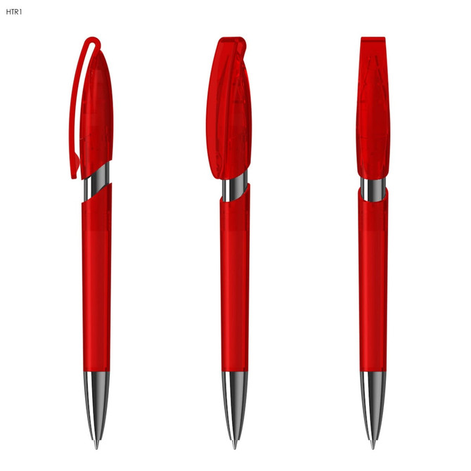 A set of three red plastic pens with a transparent body and silver accents, featuring a clip and cap.