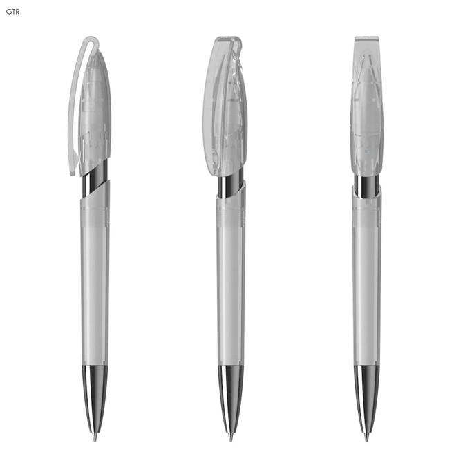 A set of transparent plastic pens featuring silver accents, displayed in three positions. Each pen has a clip and a logo.