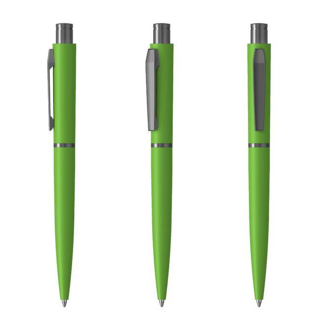 A green metal pen with a sleek design and clip, displayed from three different angles.