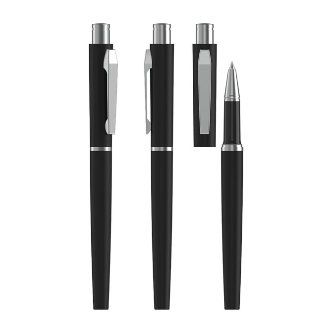 A set of black metal pens, showing various angles and the pen tip. Features a silver clip and trim.
