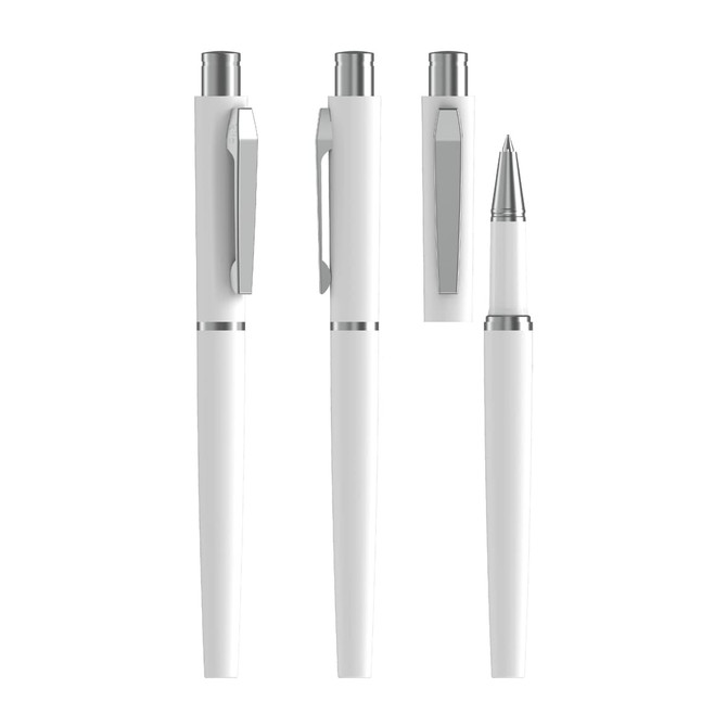 A white metal rollerball pen with a soft-touch finish, featuring a sleek design and silver accents.