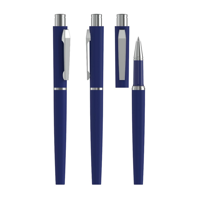 A metal rollerball pen in navy blue with a silver clip and accents, displayed in different positions.