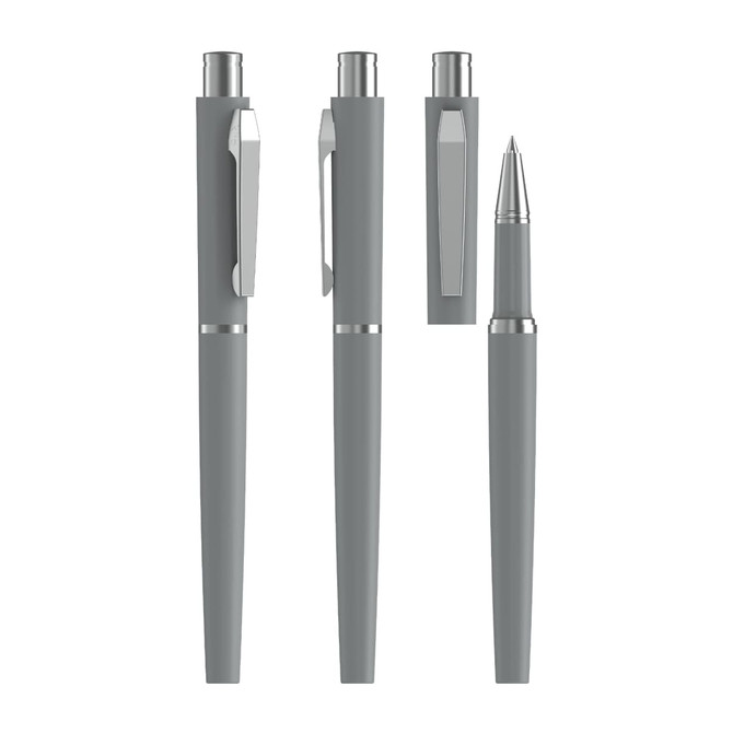 A set of grey rollerball pens with metal accents, featuring a sleek design and pocket clip.
