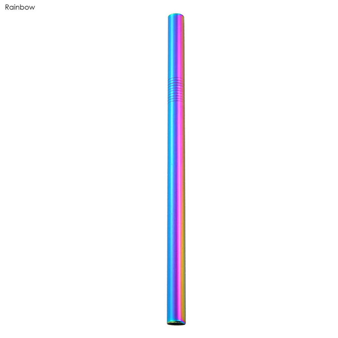 A stainless steel straw in a rainbow finish, measuring 12mm x 215mm, with a simple design and a logo.