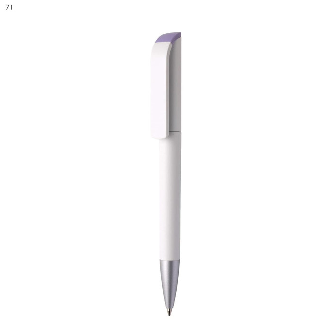 A white plastic pen with a silver tip and a purple cap, featuring a logo on the side.