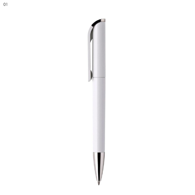 A white plastic pen with a silver clip and tip, featuring a logo on its side.