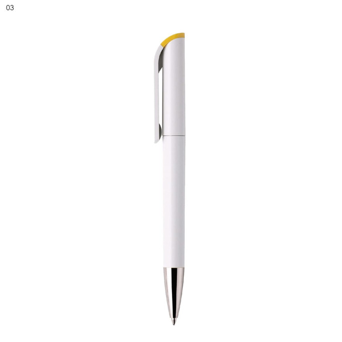 A white plastic pen with a yellow accent and a silver clip. Features a branding logo.