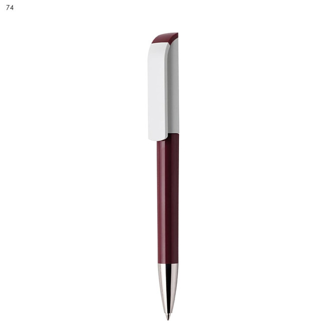 A maroon plastic pen with a white clip and a silver tip. Features a logo on the clip.