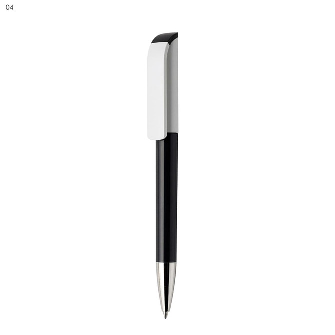 A sleek black and white plastic pen with a silver tip and a logo on its side.