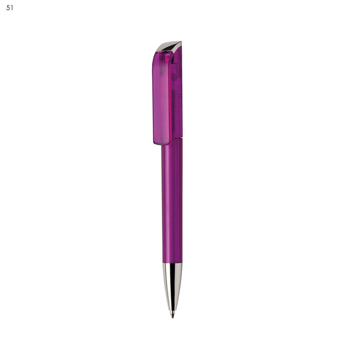 A purple plastic pen with a sleek design and chrome accents, featuring a logo on the barrel.