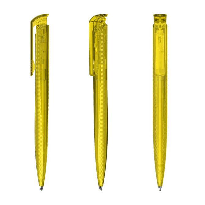 A transparent yellow plastic pen with a sleek design, featuring a clip and a visible mechanism.