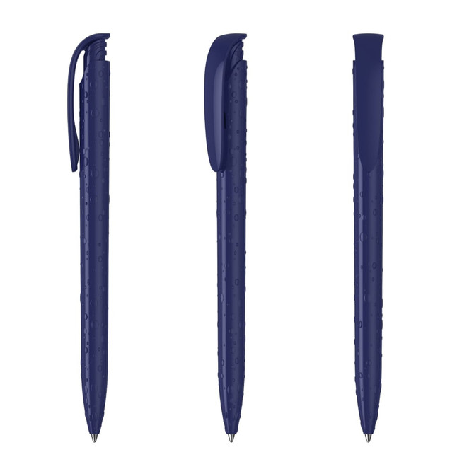 A set of three navy blue plastic pens featuring different angles, with a logo on the side of each pen.