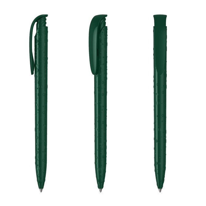 A green plastic pen with a glossy finish, featuring a clip and a sleek design. It has a logo on the body.
