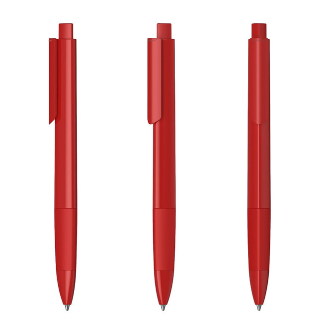 A set of three red plastic pens with a glossy finish, each featuring a clip and a retractable tip.