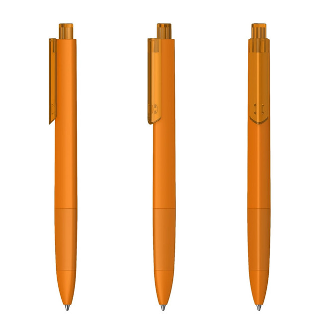 Three orange plastic pens with transparent accents, featuring a clip and a smooth barrel design.