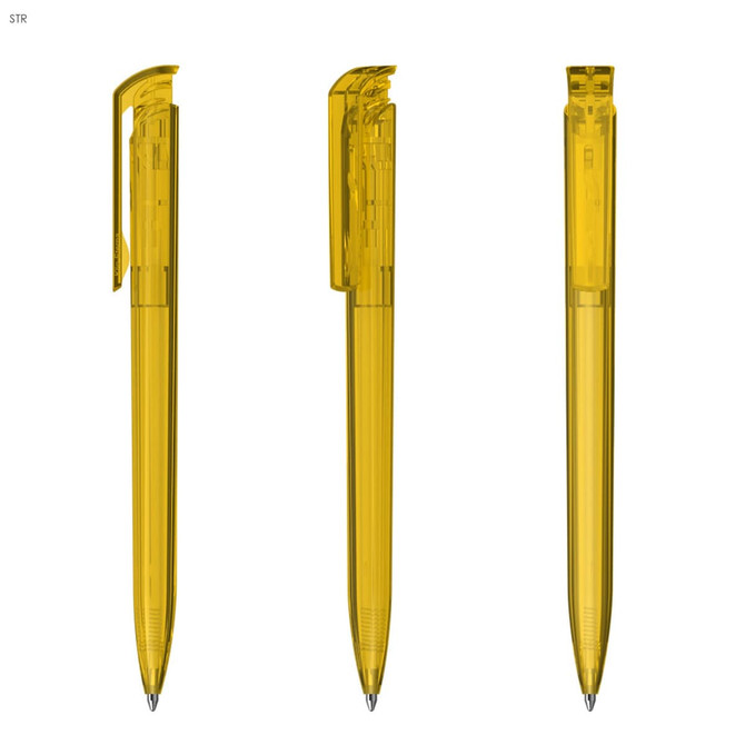 A transparent yellow plastic pen with a click mechanism, displayed from three angles. Features a logo on the side.