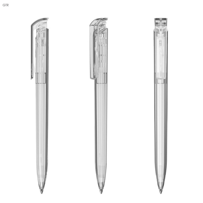 A set of three transparent plastic pens with a sleek design and smooth, clear bodies. Each pen has a clip.
