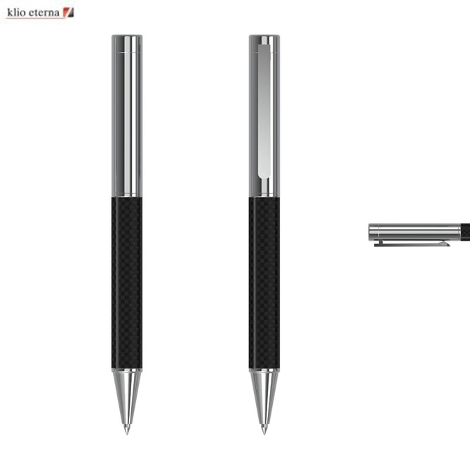 A metal pen featuring a sleek design with a black carbon grip and shiny chrome accents. The pen has a branding logo.