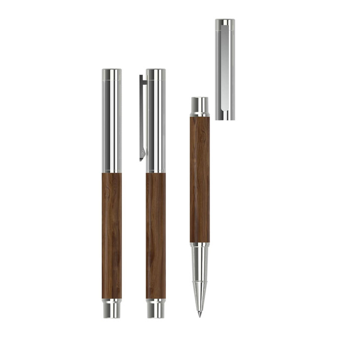 A rollerball pen featuring a wooden barrel and silver metal accents, with a cap and clip attached.