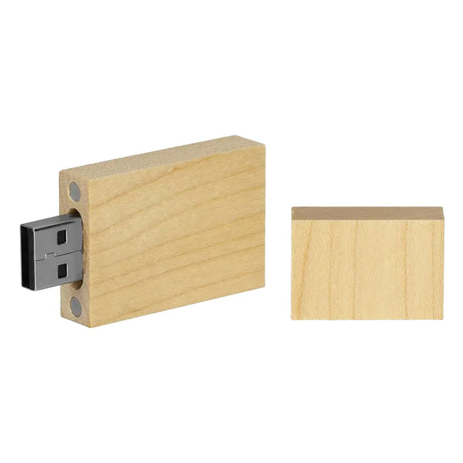 A bamboo USB flash drive in natural wood finish, featuring a removable cap and a simple design.