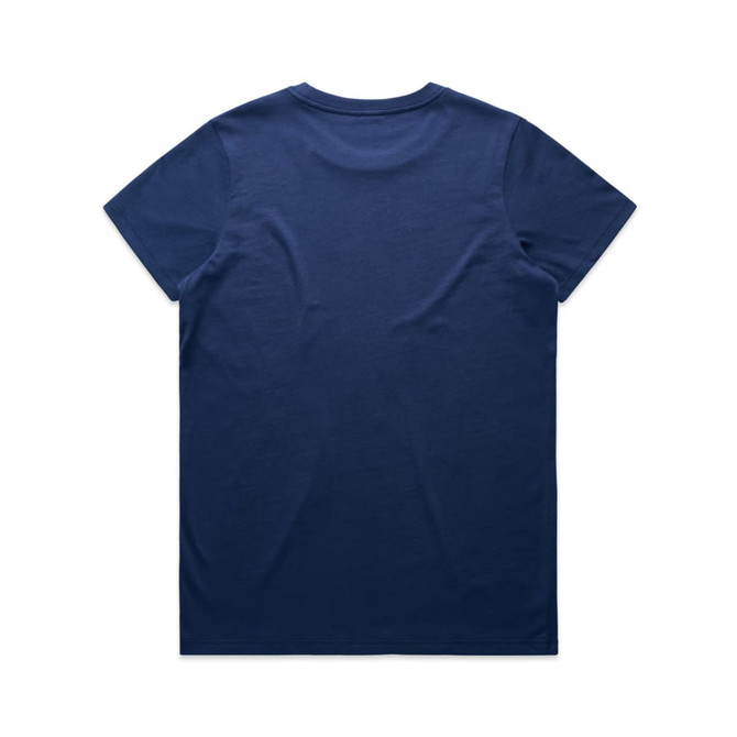 A navy blue t-shirt with a plain back, featuring a logo on the label.