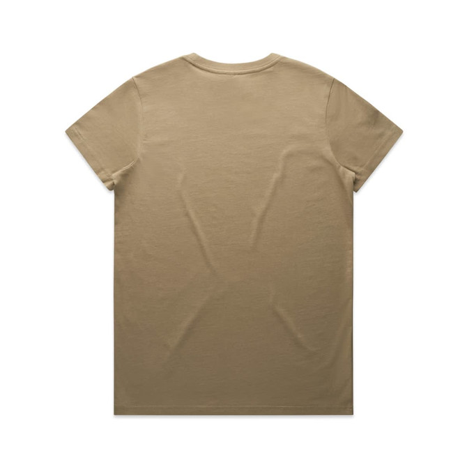 A plain khaki T-shirt featuring a simple design and a logo on the back.