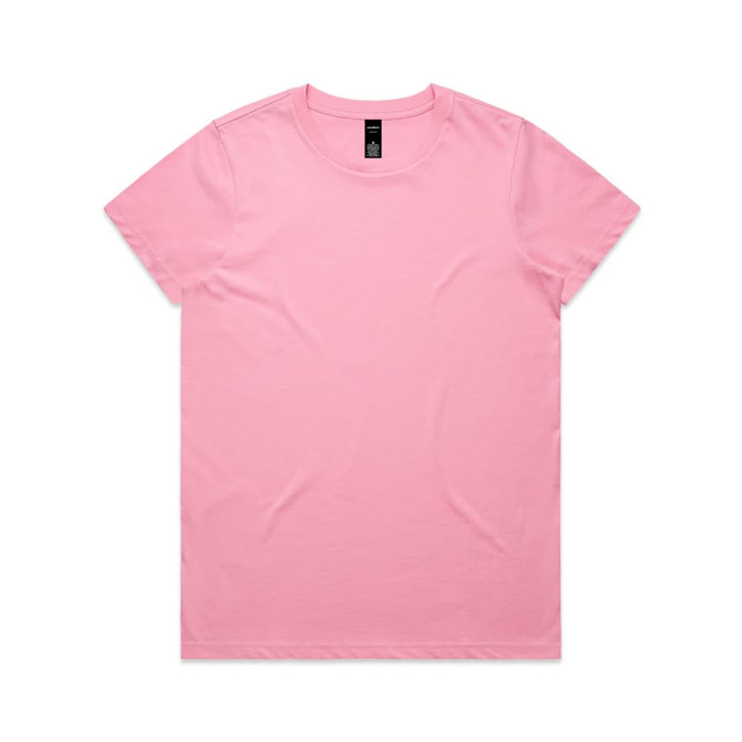 A pink T-shirt with a round neckline and short sleeves, featuring a label inside.