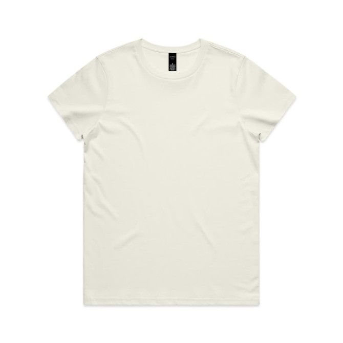 A plain off-white T-shirt featuring a crew neckline and a label at the neck. Minimalistic design with no graphics.
