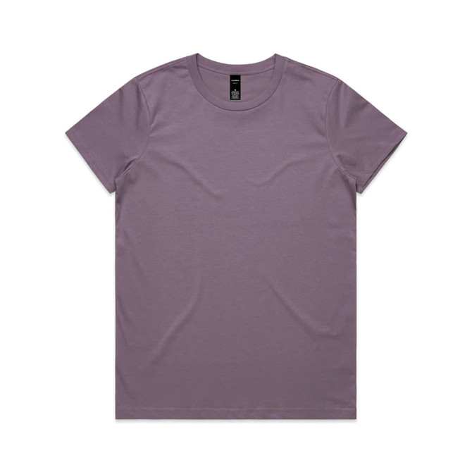 A purple t-shirt featuring a crew neck design and a label on the inside neckline.