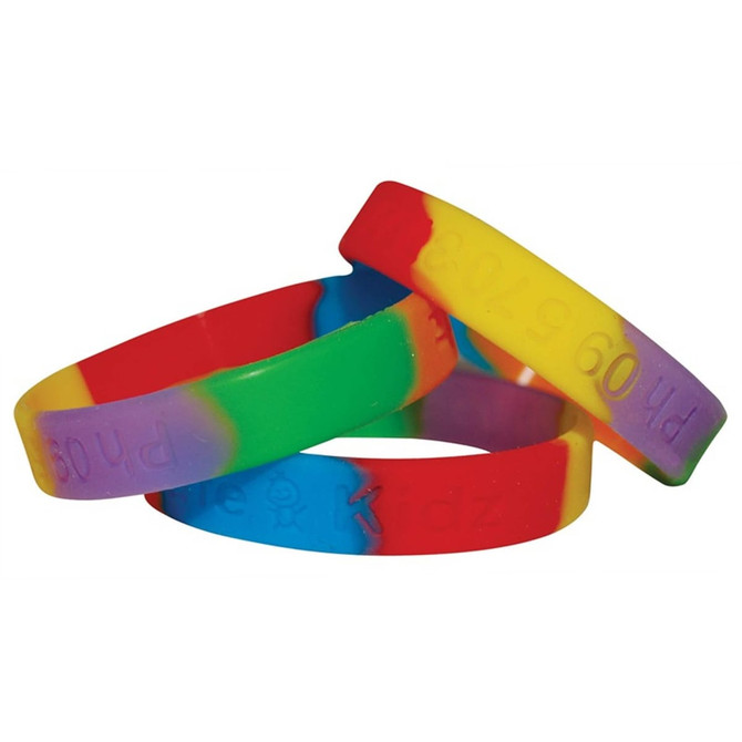 A set of multicoloured silicone wristbands featuring a blend of purple, green, red, and yellow.