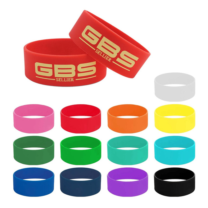 A collection of silicone wristbands in various colours, including red, pink, green, blue, and orange, with one featuring a logo.