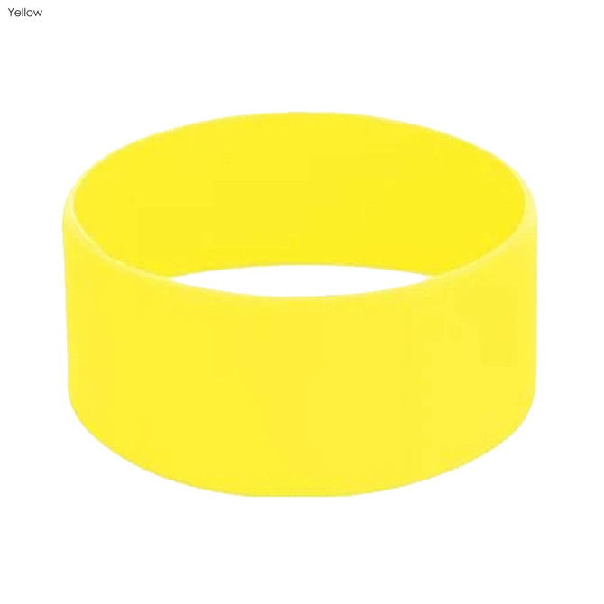 A yellow silicone wristband with a smooth surface and a simple design, featuring a logo.
