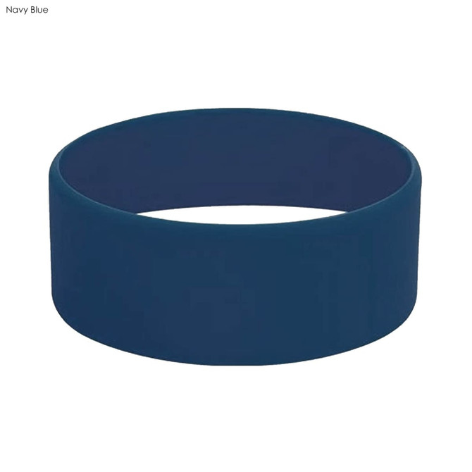 A navy blue silicone wristband with a smooth finish and a circular design. It features a branding logo.
