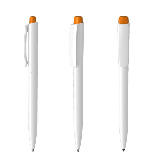 A white pen with orange accents, featuring a clip and a retractable mechanism. It includes a logo on the side.
