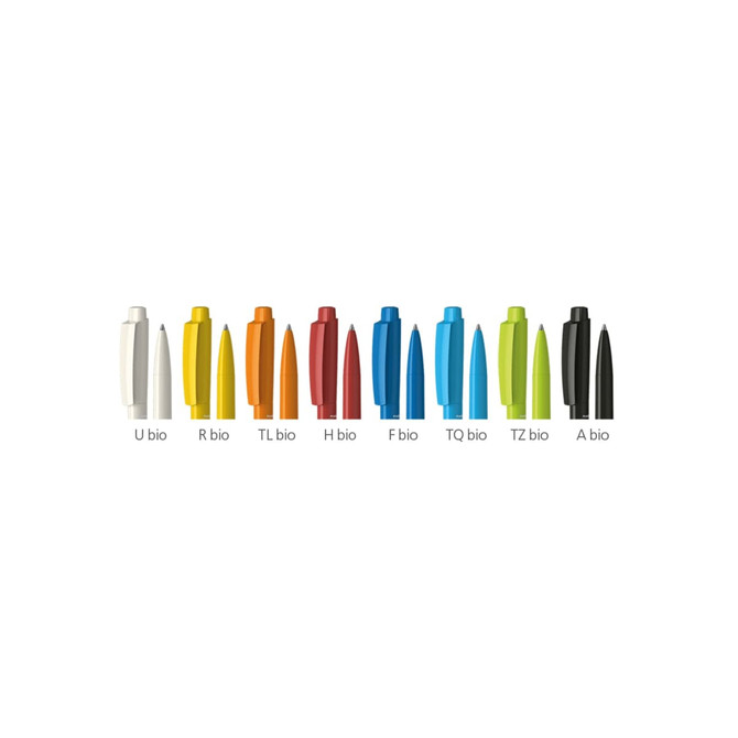 A collection of plastic pens in various colours, featuring a range of vibrant hues and a logo on each pen.