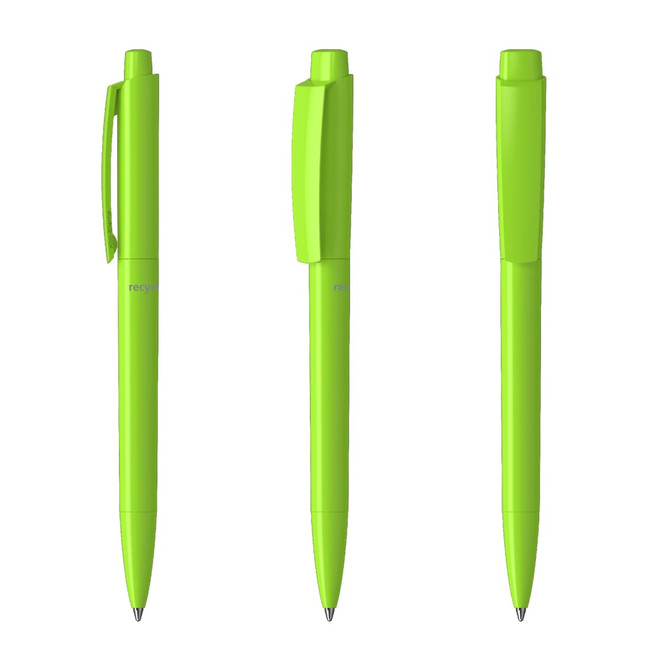 Three bright green plastic pens arranged in different positions, featuring a logo on one of the pens.