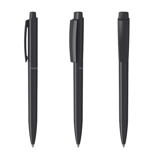 Three black plastic pens are displayed from different angles, featuring a logo on one side.