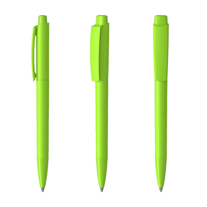 A set of three high-gloss plastic pens in vibrant lime green, featuring a streamlined design and clips.
