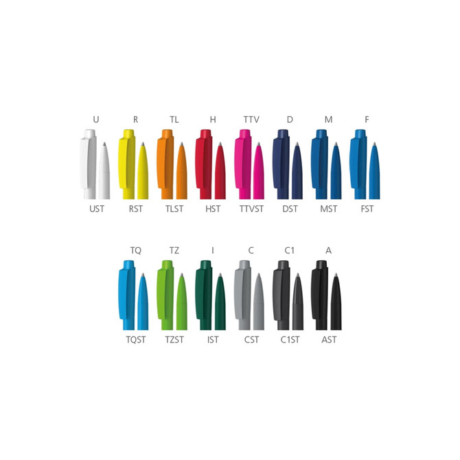 A collection of plastic pens in various colours including red, blue, yellow, green, pink, and black, featuring multiple styles.