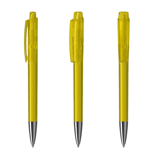 Yellow plastic pens with transparent barrels and silver tips, displayed from multiple angles. The product has a logo.