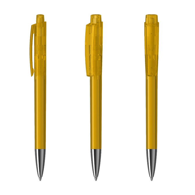 A set of transparent yellow plastic pens with silver tips and clips, displayed from different angles.