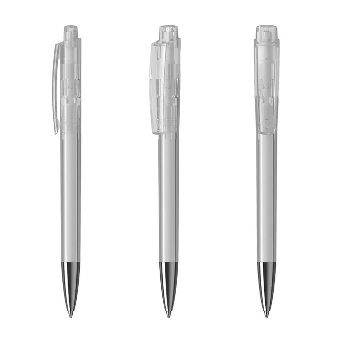 A set of transparent plastic pens with black tips and clear barrels, featuring a logo on each.