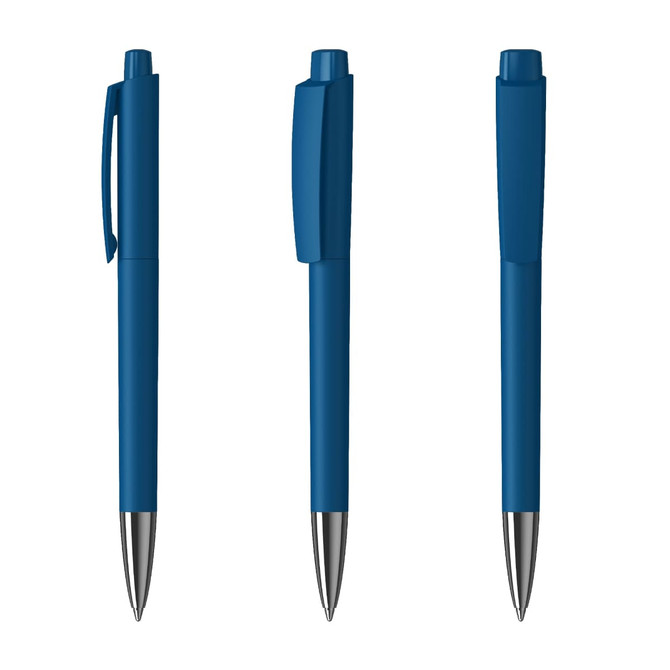 A set of three blue metal pens with a high gloss finish and a branding logo on one side.
