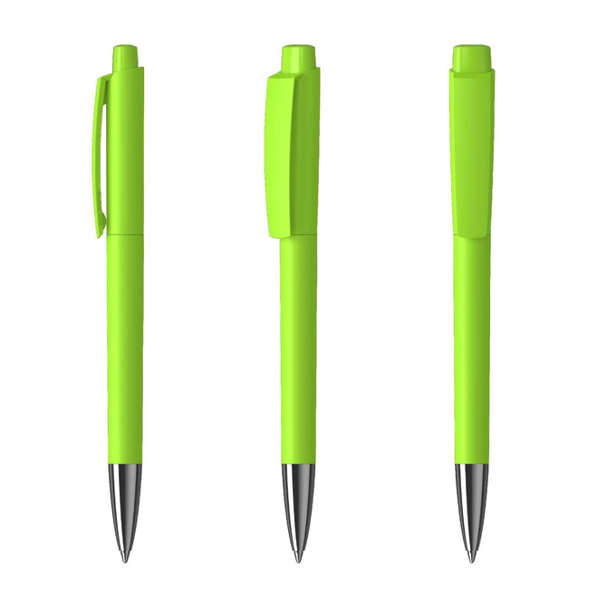 A set of three bright green metal pens with high gloss finishes and silver accents, featuring a clip and cap design.