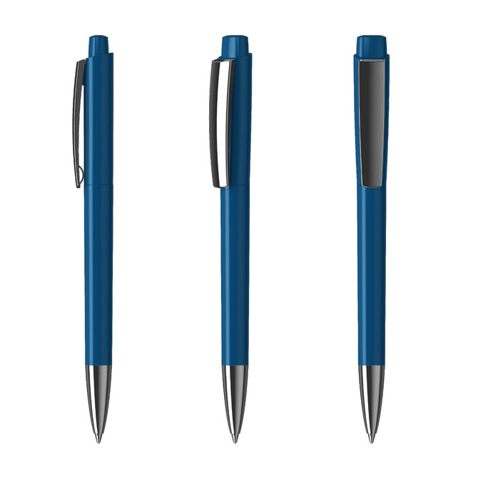 Three blue plastic pens with silver accents and clips, showcasing different angles. Each pen features a sleek design.