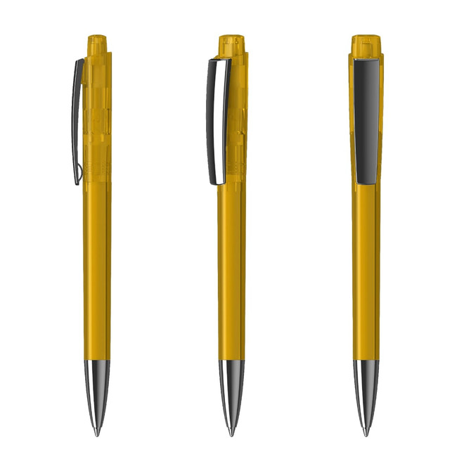 A transparent yellow plastic pen with a silver nib and a black clip, featuring a logo.