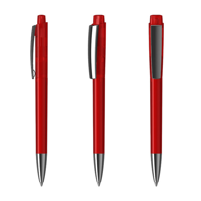A collection of red plastic pens with a glossy finish and silver accents, featuring a clip and branding.