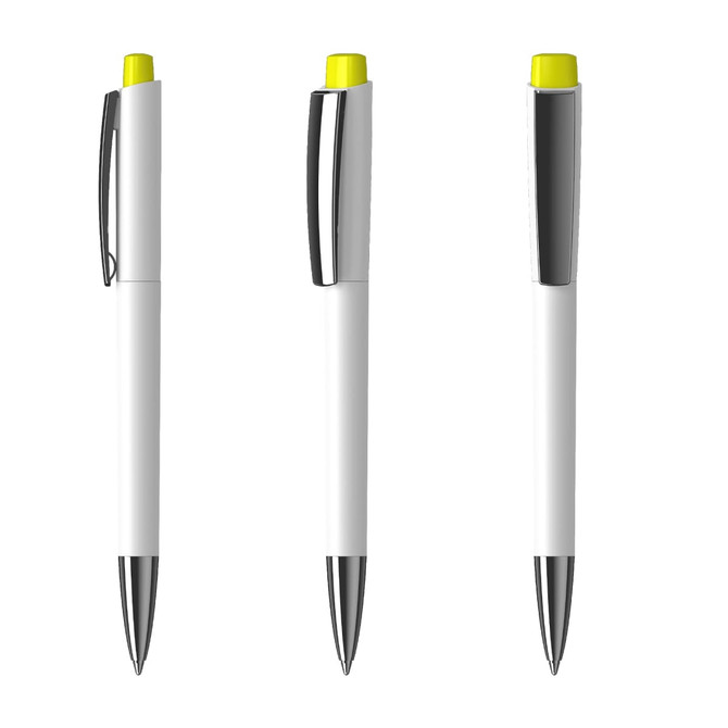 A white plastic pen with a high gloss finish and yellow accents, featuring a sleek design and a silver clip.